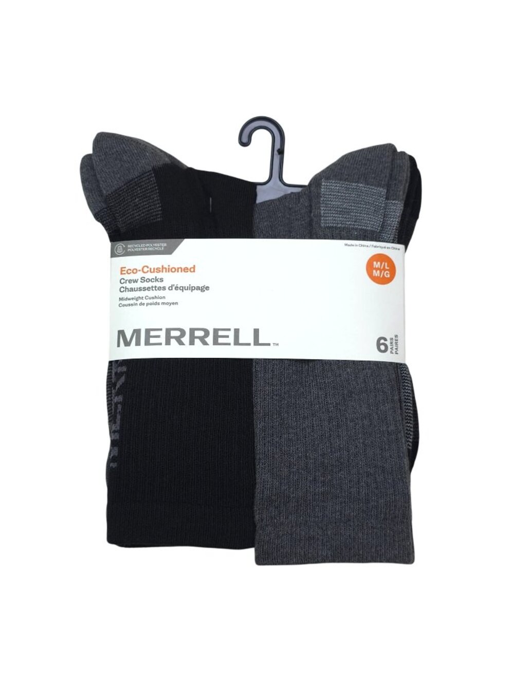 Merrell Eco-Cushioned Crew Socks 6-Pack Midweight Cushion M/L Men or Women